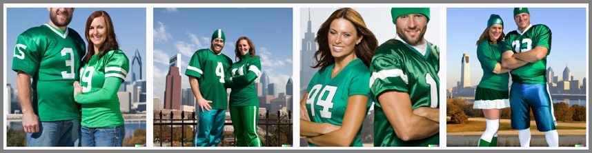 “Two NFL fans, one male and one female, wearing green uniforms standing in front of the Philadelphia skyline”