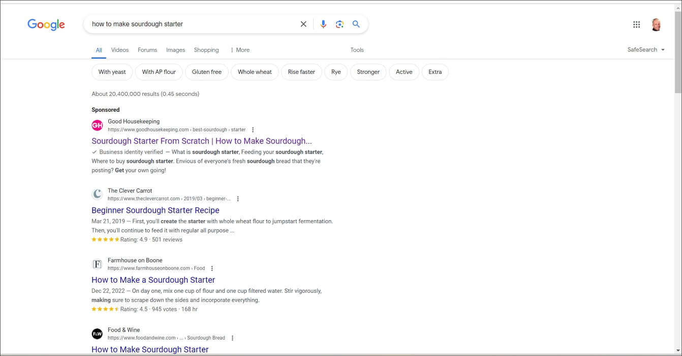 Traditional search results without SGE